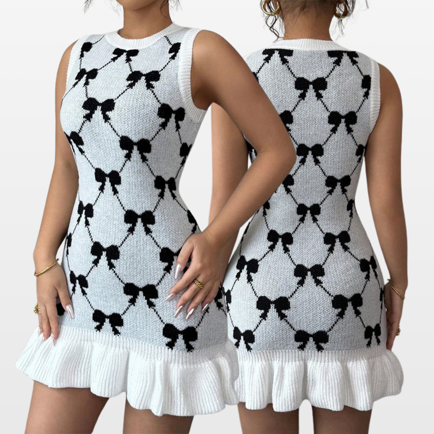 Knitted Bow Pattern Ruffle Hem Dress