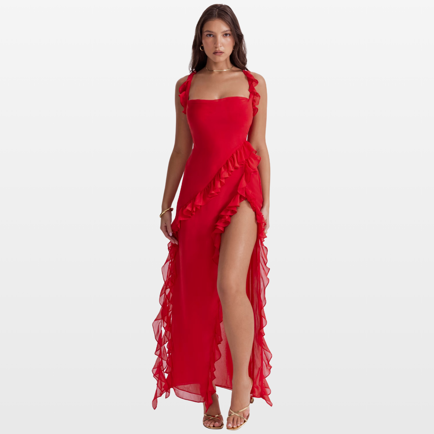 cherry ruffle maxi dress