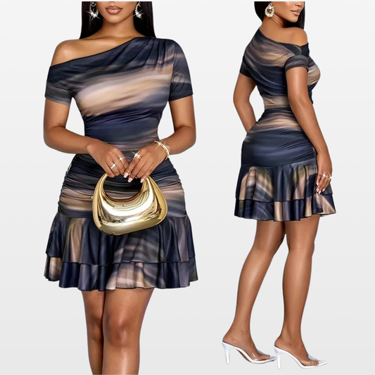 Asymmetric Off-Shoulder Ruched Layered Dress