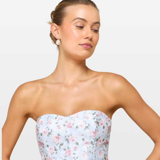 Desire Light Blue Floral Strapless High-Low Maxi Dress