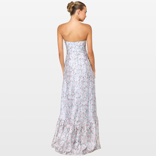 Desire Light Blue Floral Strapless High-Low Maxi Dress