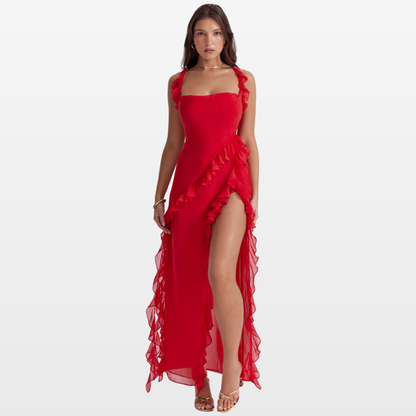 cherry ruffle maxi dress